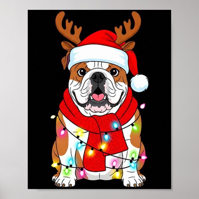 Póster English Bulldog Dog Tree Christmas Lights Xmas Paj (Frente)
