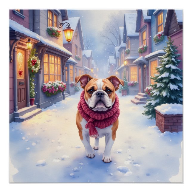 Póster English Bulldog Snowy Christmas Village Holiday (Anverso)