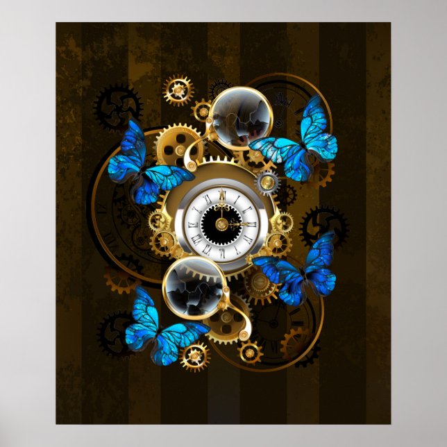 Póster Engranajes Steampunk y Mariposas Azules (Frente)