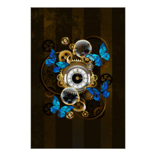 Póster Engranajes Steampunk y Mariposas Azules