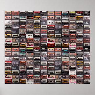 Póster Enorme colección de casetes de audio. Música retro