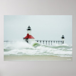 Póster Enormes olas en el Poster del lago Michigan