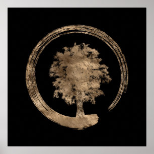 Póster Enso Zen Circle and Tree - Oro sobre negro