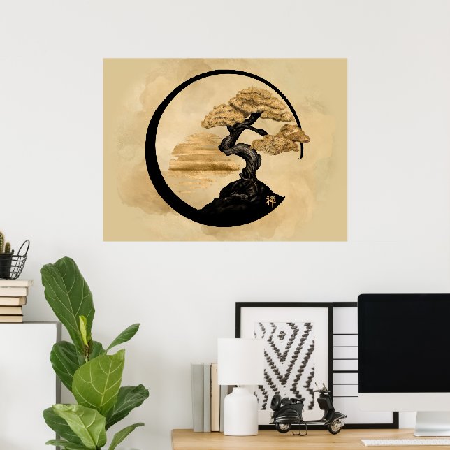 Póster Enso Zen Circle Bonsai - Golden Sunrise (Oficina en casa)