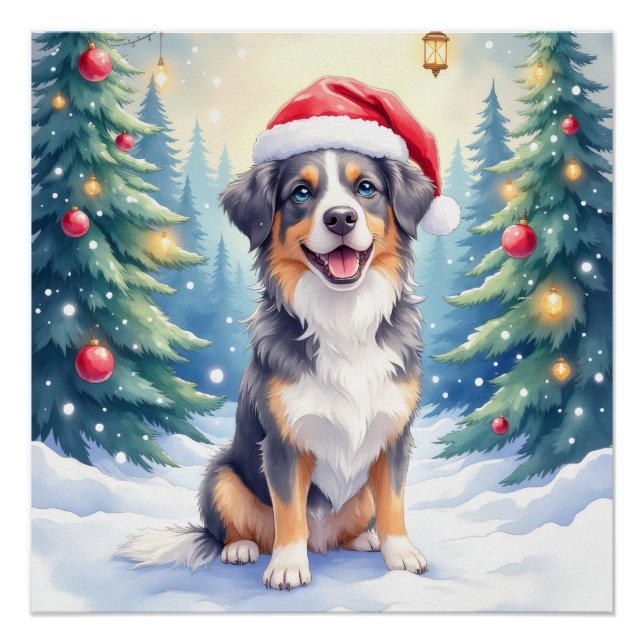 Póster Entlebucher Mountain Dog Snowy Forest Santa (Anverso)