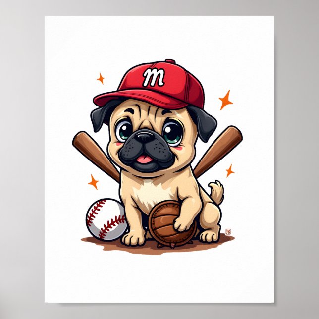 Póster Entrenador del equipo de béisbol Pug Dog Lover Pug (Frente)