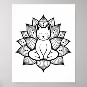 Póster Entusiasta de la Meditación Yoga Flor de Loto Gato