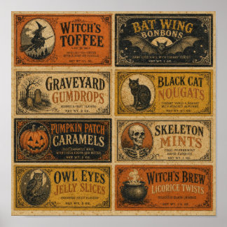 Póster envolturas de dulces de Halloween vintage