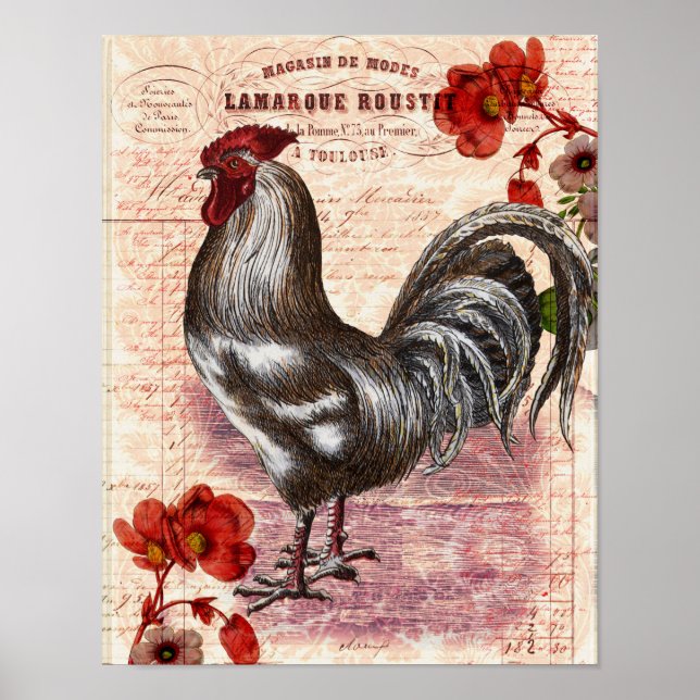 Póster Ephemera floral de gallo de época (Frente)
