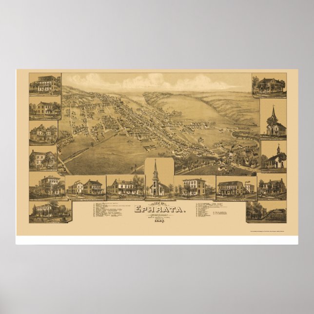 Póster Ephrata, Mapa Panorámico PA - 1887 (Frente)