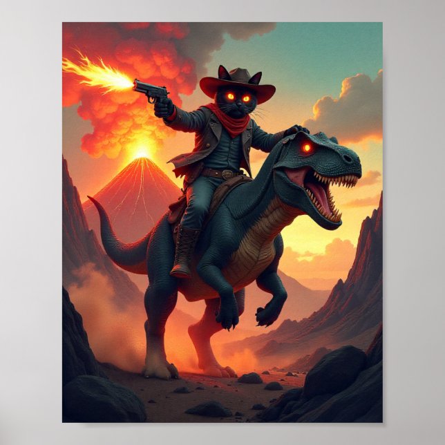 Póster Epic Cowboy Cat Riding Dinosaur | Fantasy Sci-Fi (Frente)