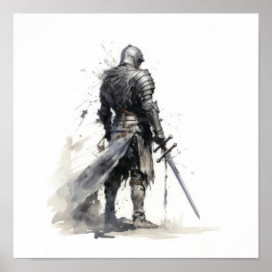 Póster Epic Knight con espada - Sorprendente negro y blan