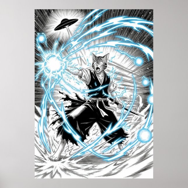 Póster Epic Manga Style Cat Warrior Energy Blast UFO (Frente)