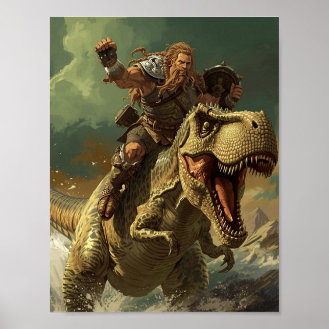 Póster Epic Viking Warrior Riding a Roaring T-Rex (Frente)