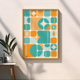 Póster Era Atómica Mediados de Siglo Abstracto Verde Azul