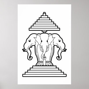 Póster Erawan Elefante de tres cabezas Bandera de Lao / L