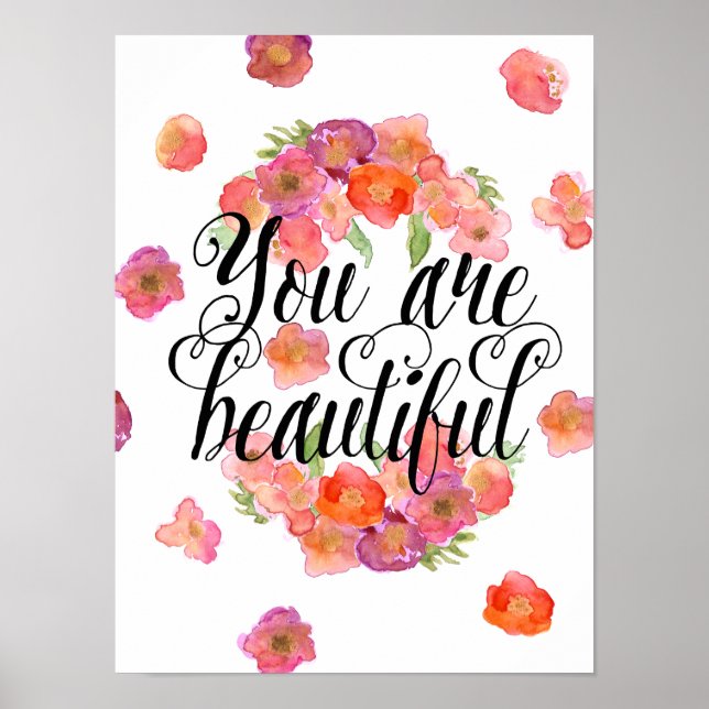 Póster Eres hermosa acuarela floral (Frente)