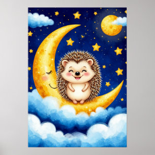 Póster Erizo Adorable Luna Creciente Dorada
