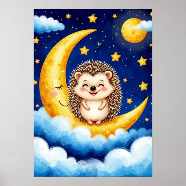 Póster Erizo Adorable Luna Creciente Dorada (Frente)