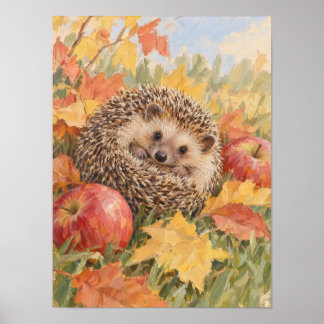 Póster Erizo con Hojas de Otoño y Manzanas Bosque Ar