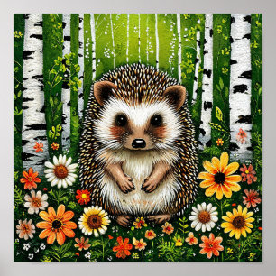Póster Erizo de dibujos animados lindo en el bosque de ab