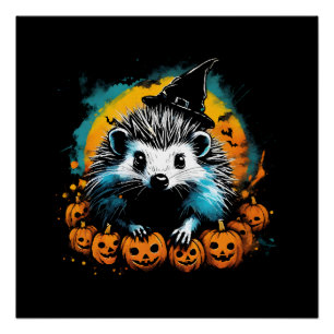 Póster Erizo de Halloween y calabazas lindos