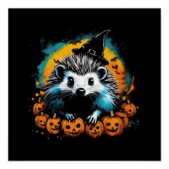 Póster Erizo de Halloween y calabazas lindos (Anverso)