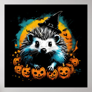 Póster Erizo de Halloween y calabazas lindos