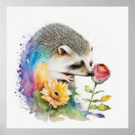 Póster Erizo oliendo una rosa roja