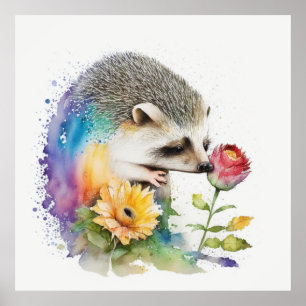 Póster Erizo oliendo una rosa roja