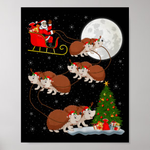 Póster Erizo Santa Trineo Volando Divertido Mágico Navida
