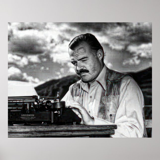 Póster Ernest Hemingway en su máquina de escribir (Frente)