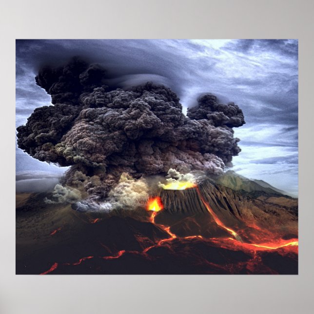 Póster Erupción del volcán en la montaña (Frente)