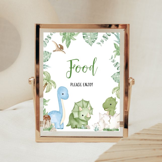 Póster Es comida Baby Shower de un niño dinosaurio (Greenery Boy Dinosaur Baby Shower Food Sign)