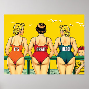 Póster Es genial aquí, mujeres bonitas en una playa, dive