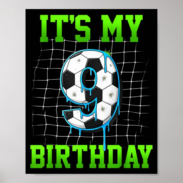 Póster Es Mi 9 Cumpleaños Divertido Cumpleaños Fútbol Niñ (Frente)