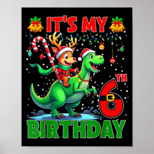 Póster Es mi cumpleaños número 6, dinosaurio montando ren