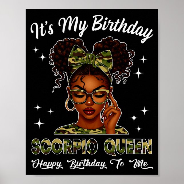 Póster Es Mi Cumpleaños Scoro Queen Camo Bow Afro Negro G (Frente)