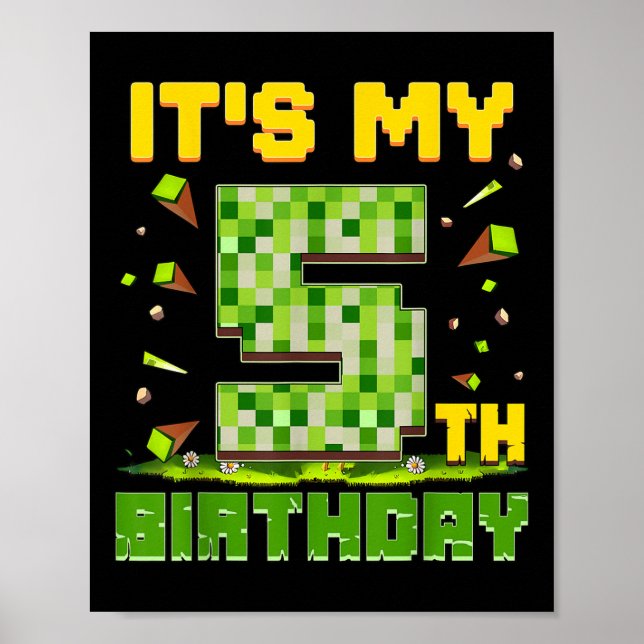 Póster Es mi quinto cumpleaños, niño de 5 años, Pixel de  (Frente)