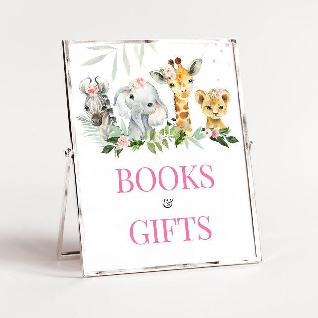 Póster Es un Chica de libros y regalos de animales de Saf (Pink Floral Jungle Safari Baby Shower Books and Gifts Sign)