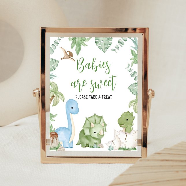Póster Es un niño dinosaurio Baby Shower Los bebés son du (Greenery Boy Dinosaur Baby Shower Babies are Sweet Sign)