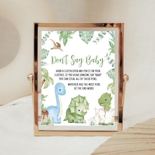 Póster Es un niño dinosaurio que Baby Shower no diga bebé (Greenery Boy Dinosaur Baby Shower Don't Say Baby Sign)