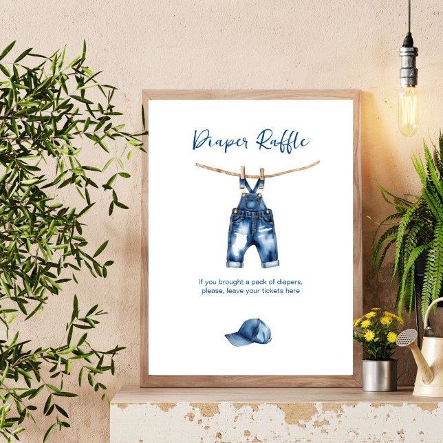 Póster Es un niño jeans azules bebé ducha de pañales rifa (It's a boy blue jeans baby shower diaper raffle table sign poster template digital download)