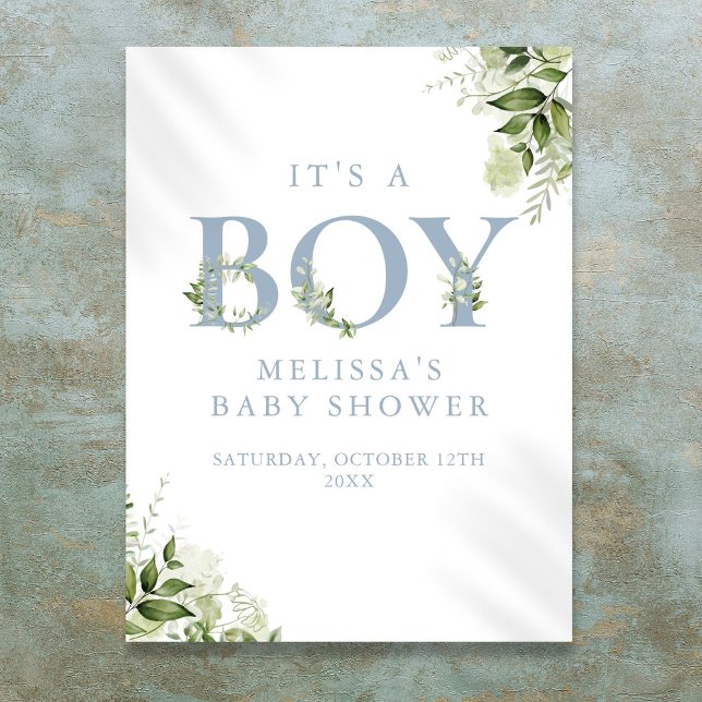 Póster Es un Rótulo de Baby Shower azul de vegetación (Its A Boy Greenery Blue Baby Shower Sign)
