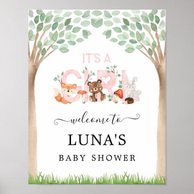 Póster Es una bienvenida Chica a Baby Shower en Woodland (Frente)