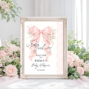 Póster Es una niña Bienvenida a la fiesta de bebé con laz