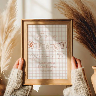 Póster ¡Es una niña! Lindo Gingham Marrón Notedry Bienven