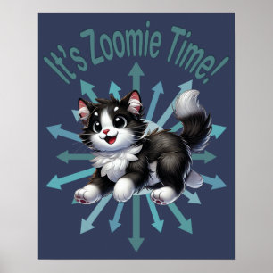 Póster Es Zoomie Time Cute Gato Blanco y Negro