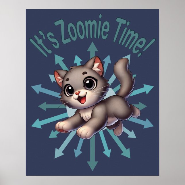Póster Es Zoomie Time Cute Gris y Gato Blanco (Frente)