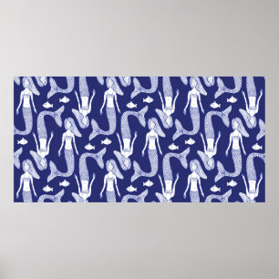 Póster Esbozar la sirena y el patrón de peces en estilo v